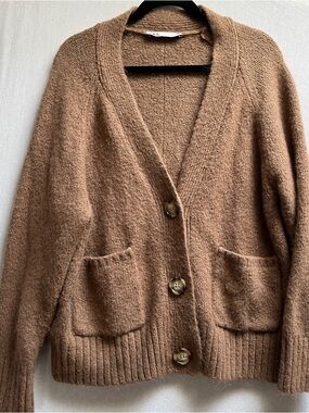ZARA Brown Chunky Knit Wool Alpaca Blend Button Front Cardigan Sweater Womens M